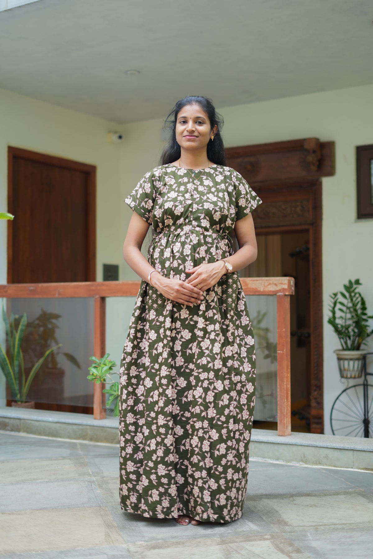 Olive green cotton maxi nighty with white floral print and adjustable waist ties