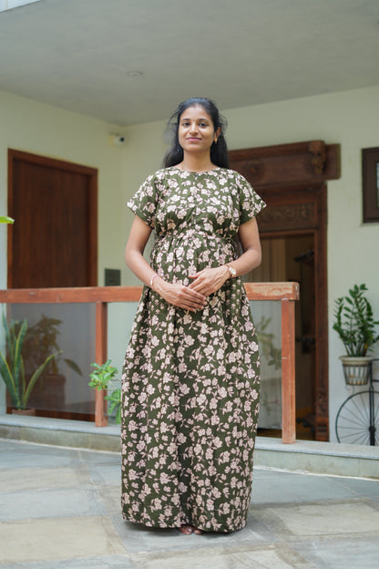 Olive green cotton maxi nighty with white floral print and adjustable waist ties