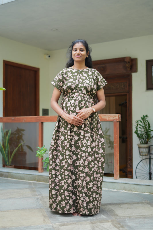 Olive green cotton maxi nighty with white floral print and adjustable waist ties