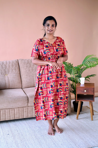 Red cotton kaftan nighty with geometric prints and adjustable drawstring waist