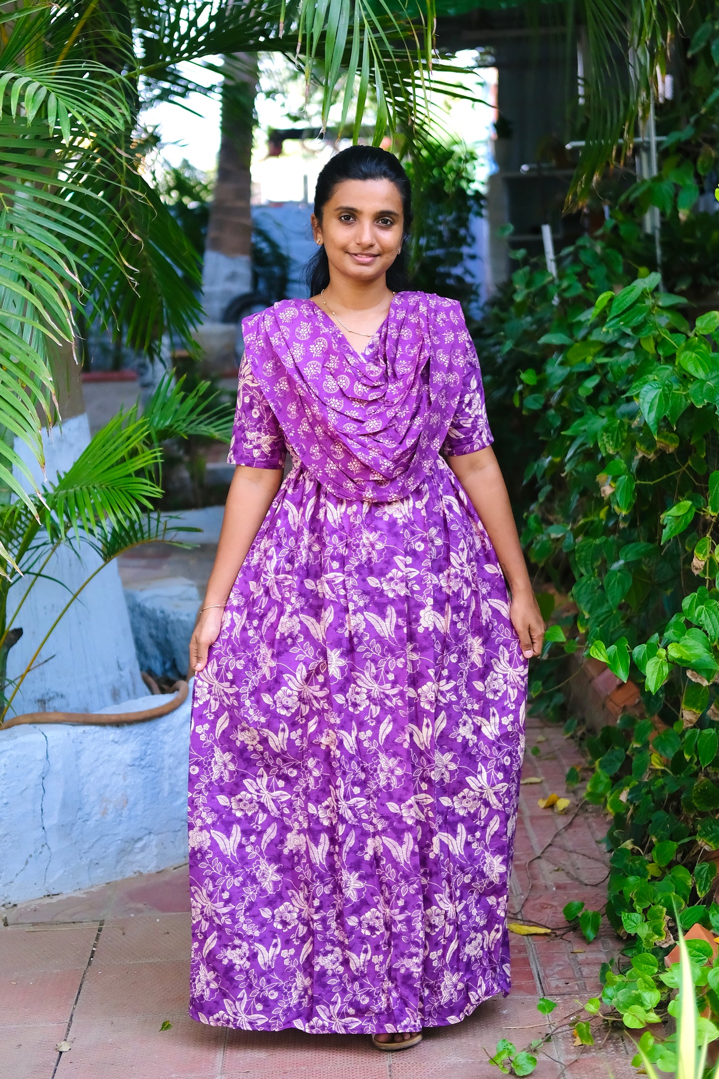 Purple floral print cotton maxi nighty with an attached dupatta drape for comfortable loungewear.