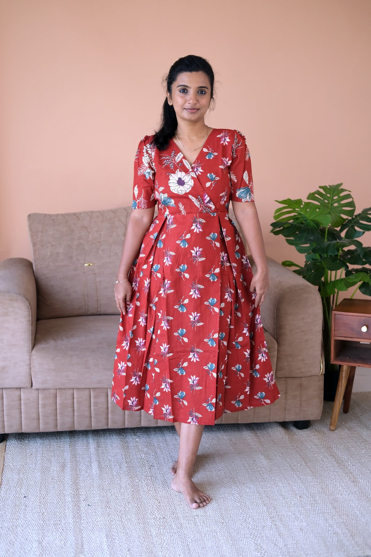 Full-length view of the floral zipless nighty in red cotton, designed as a comfortable loungewear dress.