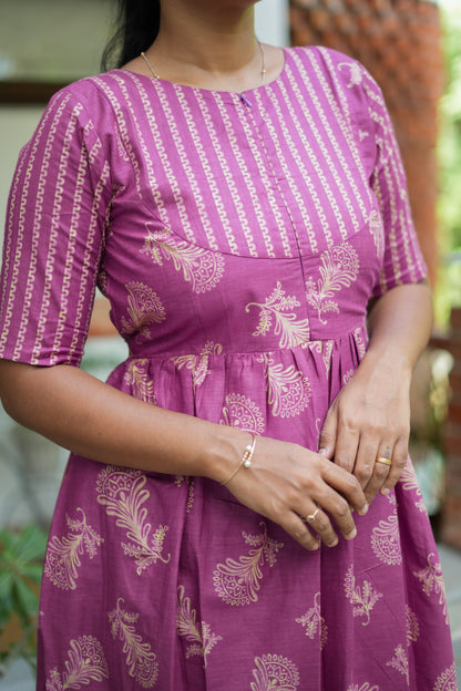 Close up of printed yoke and fabric details on purple ladies cotton nighty