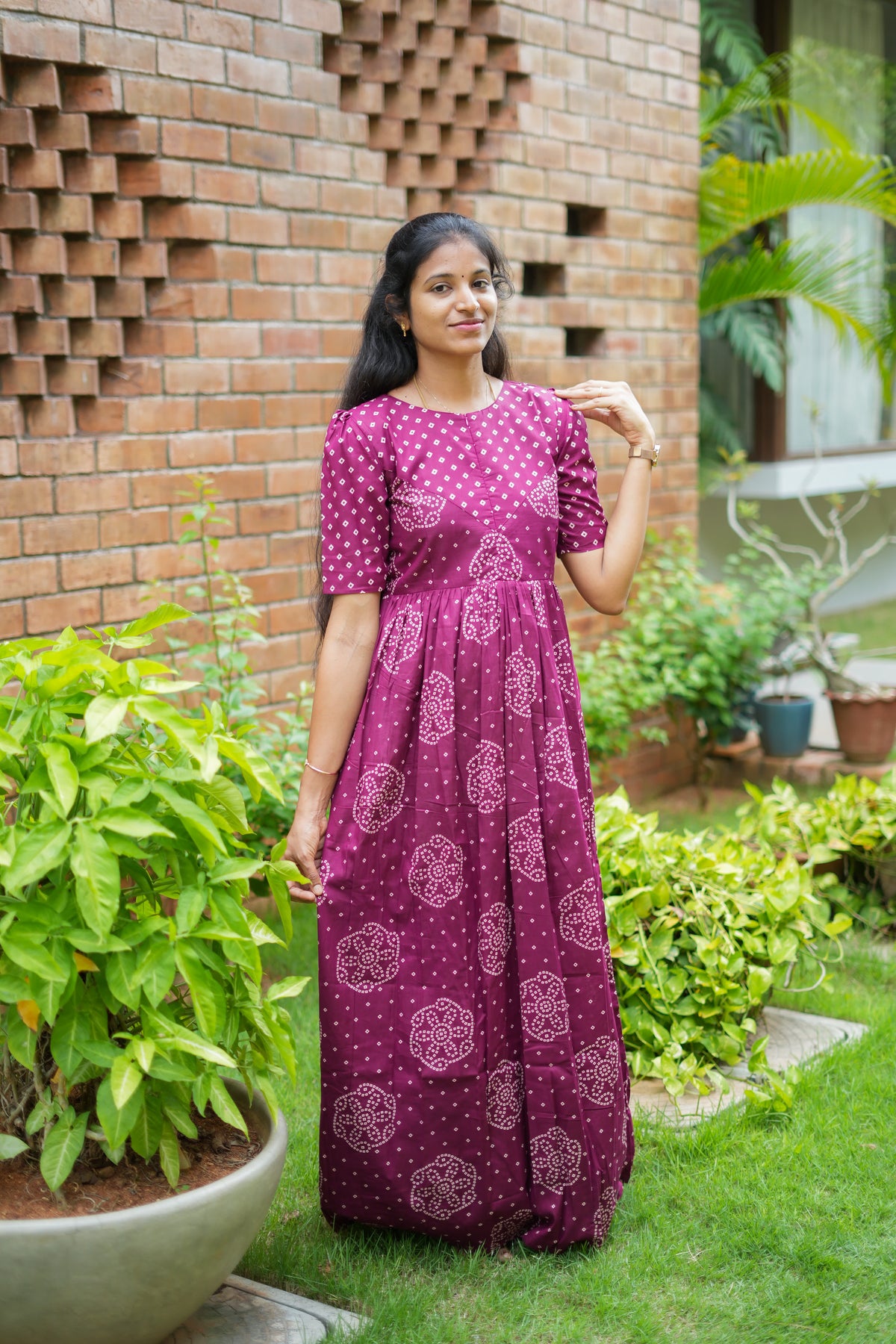 Full-length view of a purple cotton maxi nighty with a relaxed fit