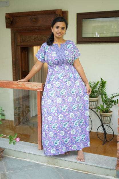 Comfortable maternity cotton nighty in lavender with short sleeves and relaxed fit