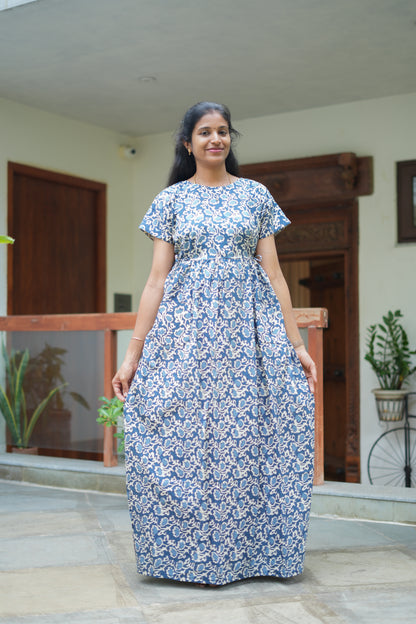 Full-length view of a blue floral cotton maxi nighty with adjustable waist tie-ups