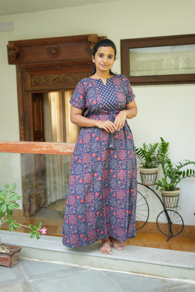 Navy blue cotton nighty with red floral print and waist tie-up