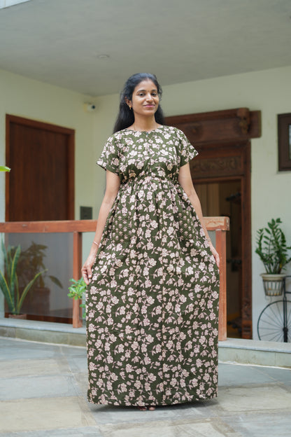 Full-length olive green cotton maxi nighty for women by Mullai Nightwear