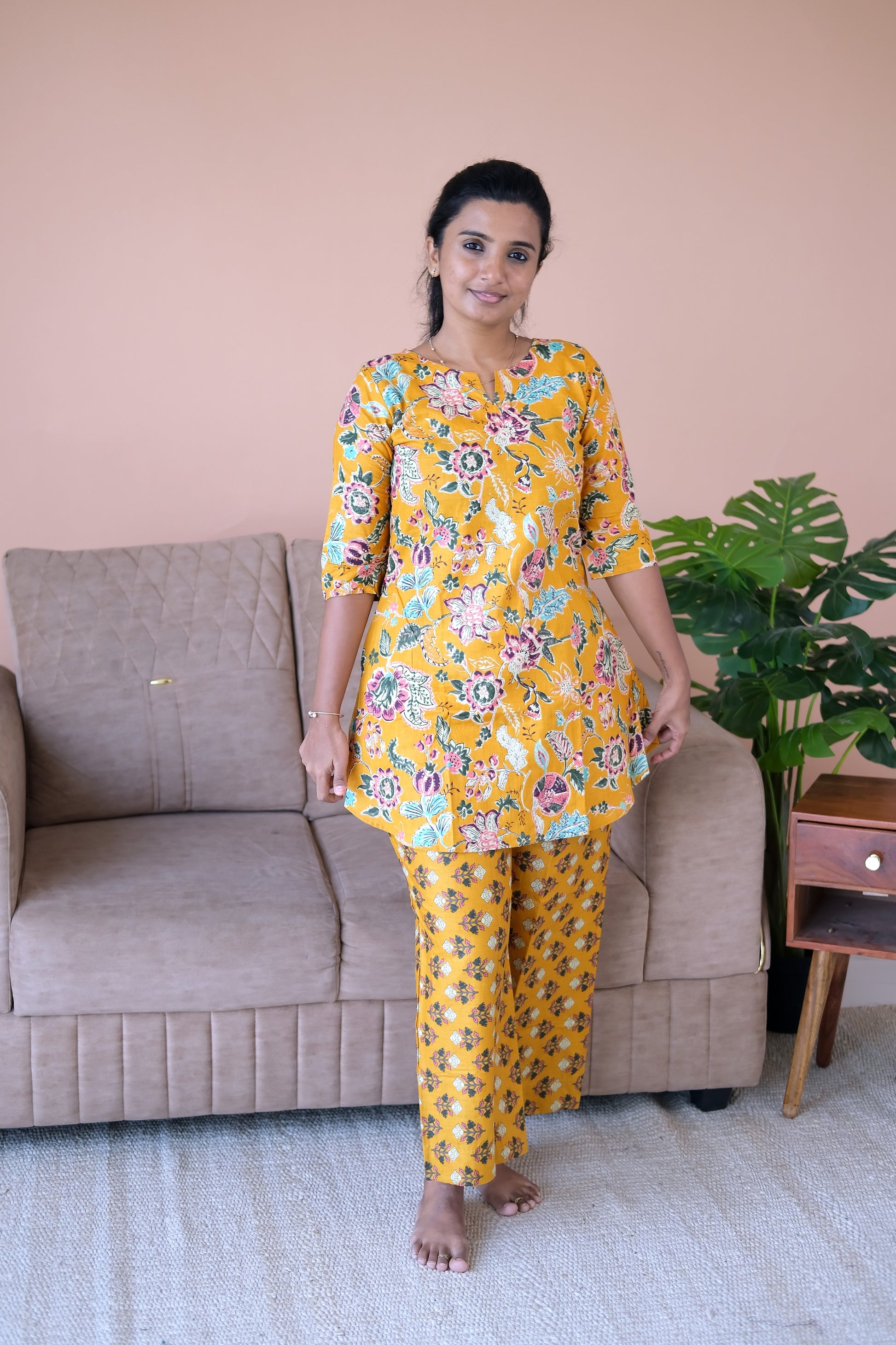 Front view of the Heera printed loungewear set in golden mustard yellow cotton.
