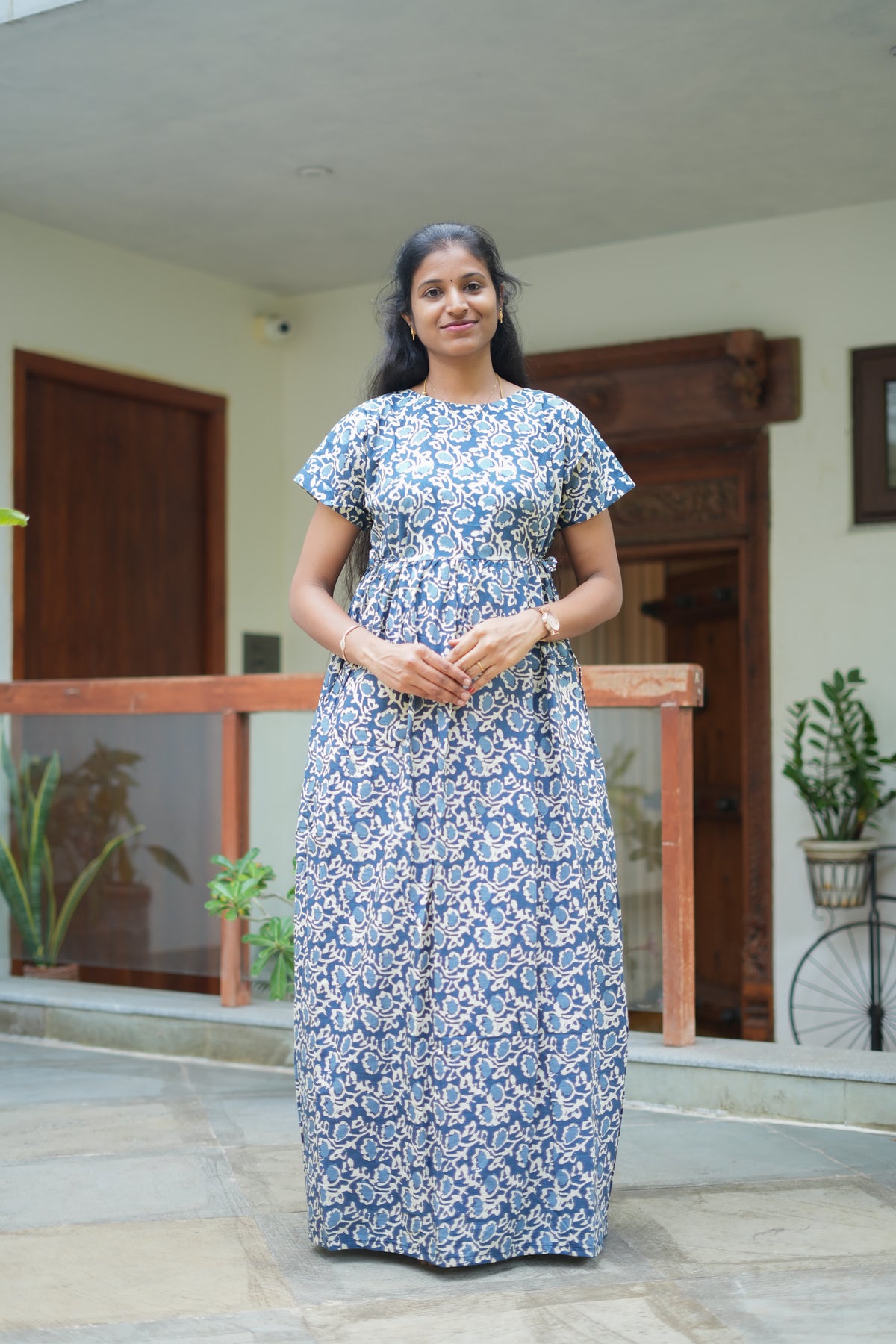 Denim blue cotton maxi nighty with white floral print and front pockets