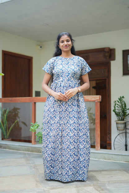 Denim blue cotton maxi nighty with white floral print and front pockets