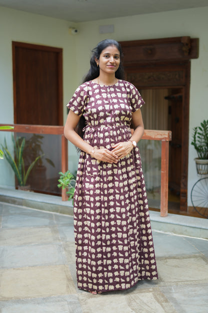 Dusty plum cotton maxi nighty with cream elephant print, featuring short sleeves and a round neck.