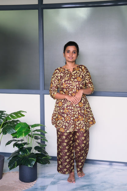 Coffee brown cotton night suit for women with mustard floral print and relaxed-fit pants