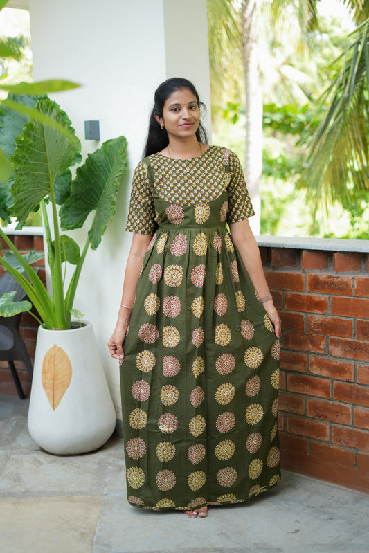 Olive green cotton maxi nighty with traditional mandala prints and short sleeves