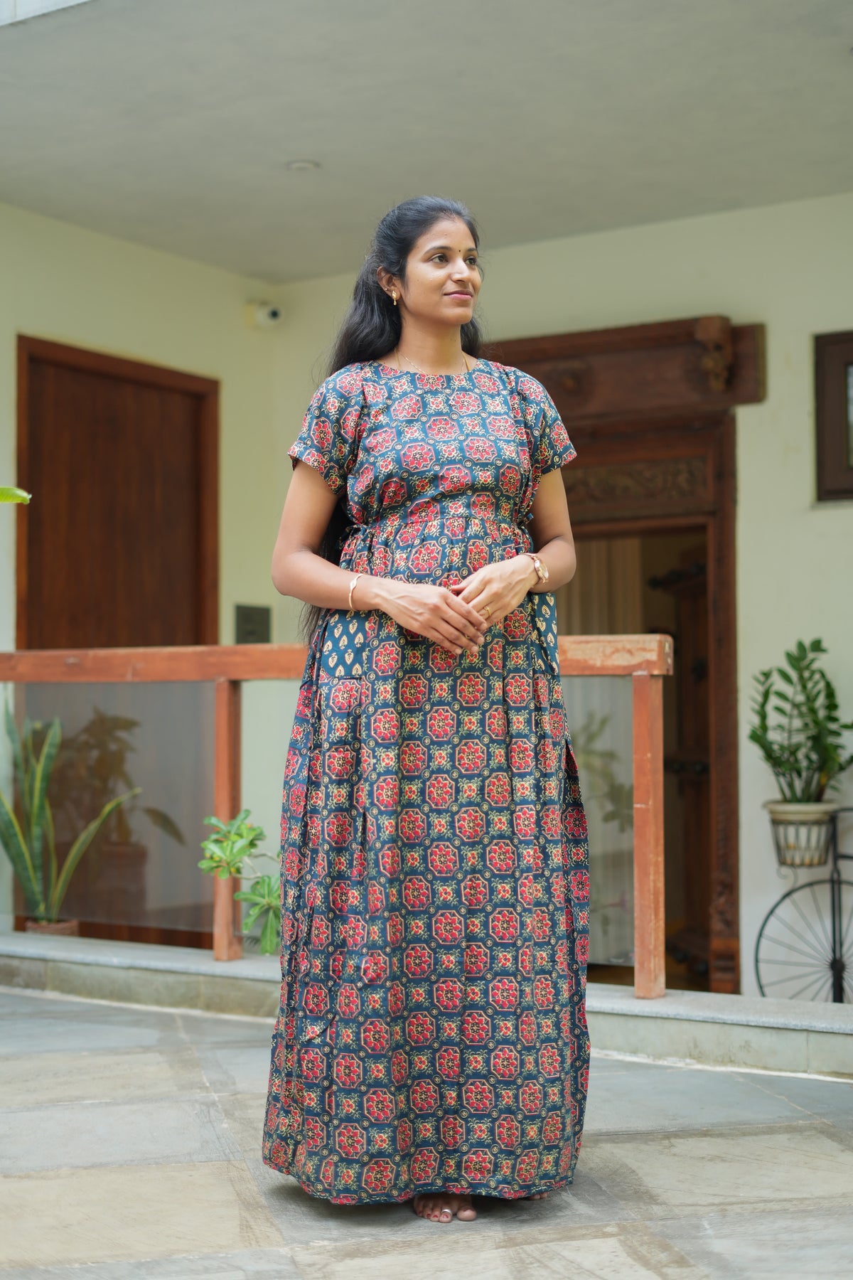 Indigo blue cotton maxi nighty with red geometric prints and adjustable waist tie-up