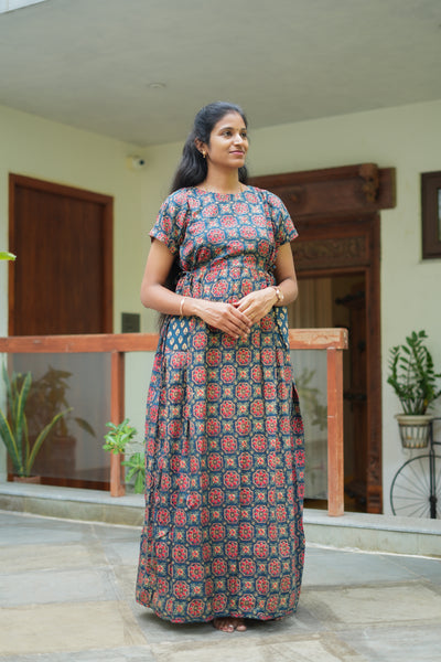 Indigo blue cotton maxi nighty with red geometric prints and adjustable waist tie-up