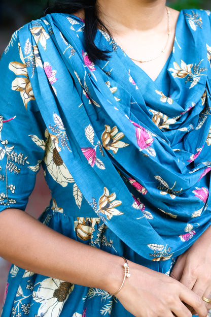 Close up of the cowl drape detail on the denim blue cotton maxi nighty