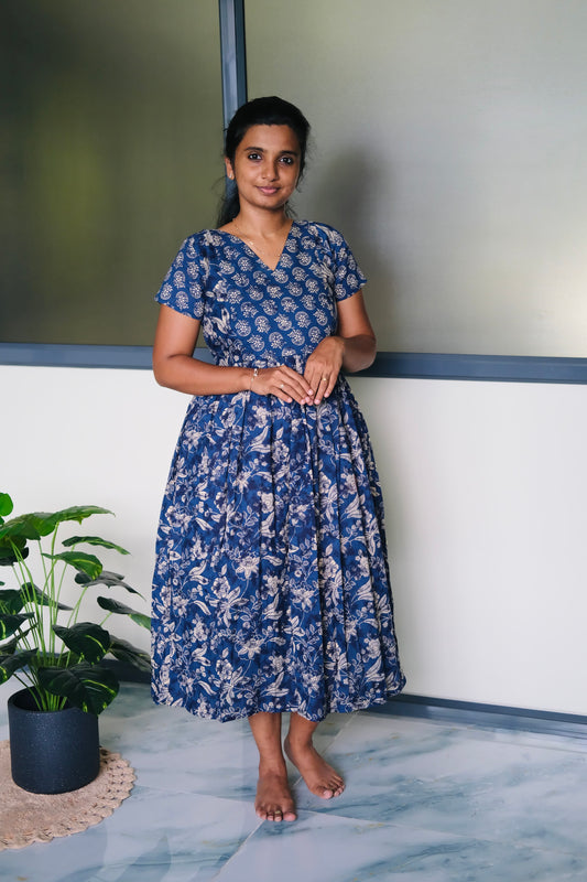Indigo blue printed cotton midi nighty with a V-neck and gathered waist