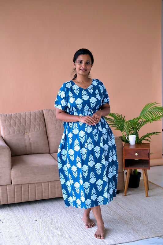 Teal blue cotton kaftan nighty with white floral prints and adjustable drawstring waist