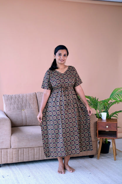 Full-length view of the ajrakh print nighty in soft cotton with short extended sleeves and a comfortable relaxed fit.