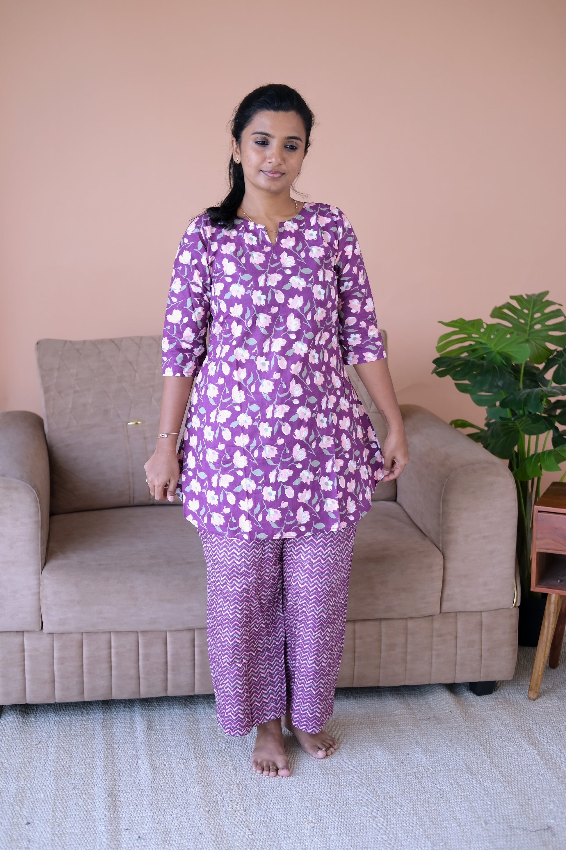 Front view of the purple cotton loungewear set with 3/4th sleeves and relaxed-fit trousers.