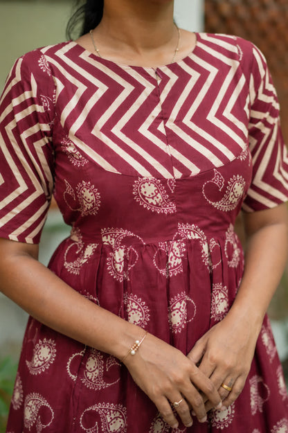 Close-up of the chevron patterned yoke and neckline on a maroon feeding nighty with zip.