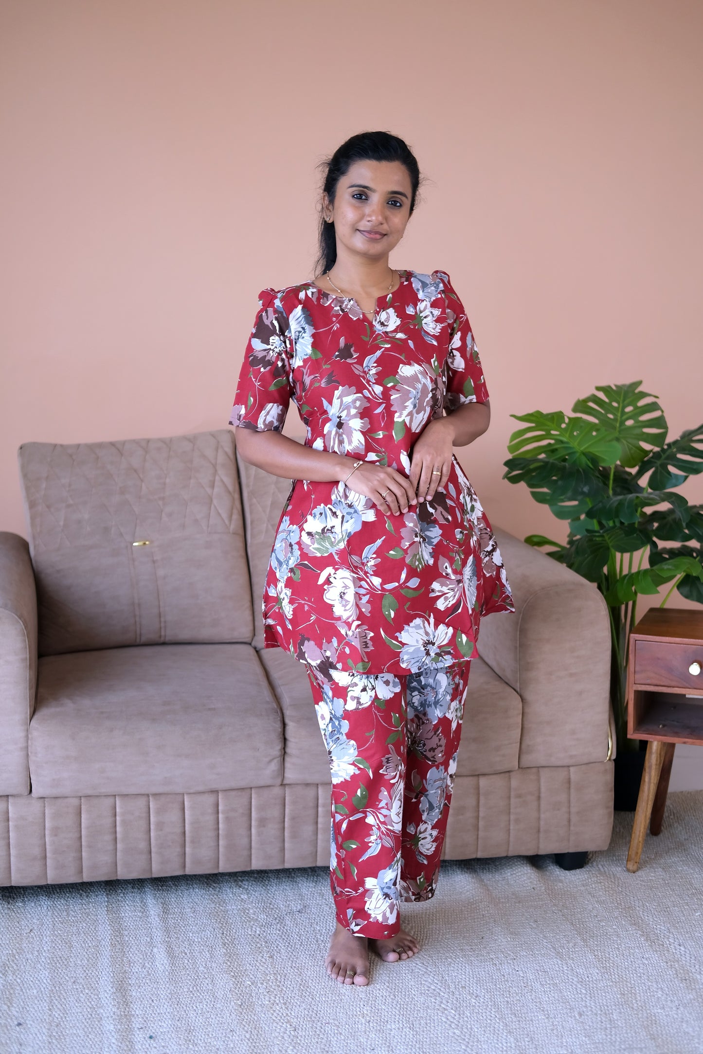 Full-length view of the comfortable ladies cotton nighty set in a rich burgundy floral print.