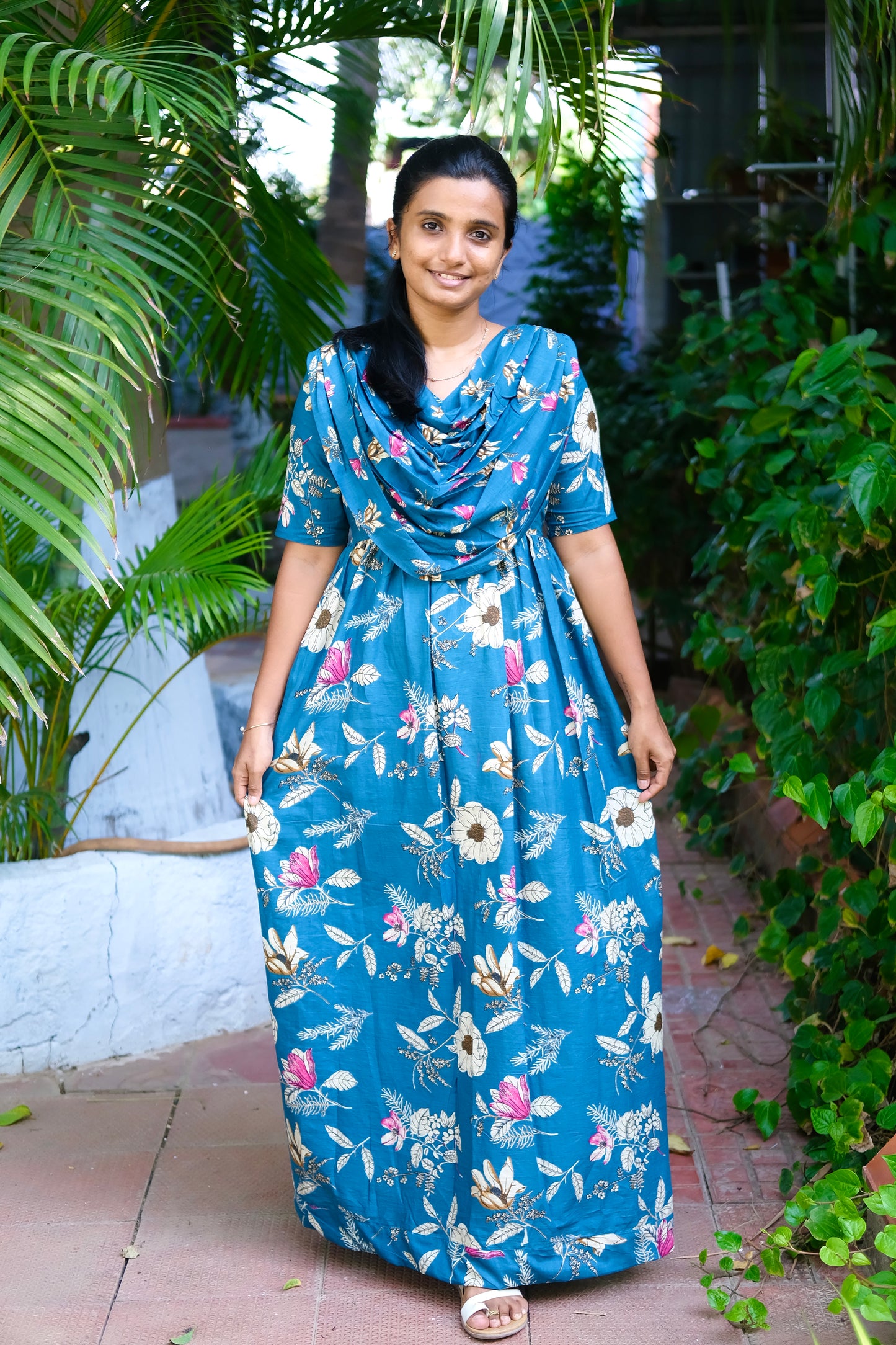 Full length view of the Kaveri dupatta attached nighty in denim blue cotton
