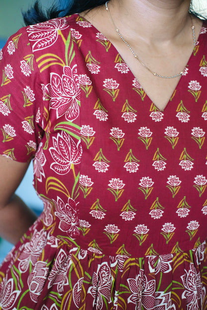 Close-up of the V-neck bodice of the red cotton midi nighty showing the detailed floral print and soft fabric texture.
