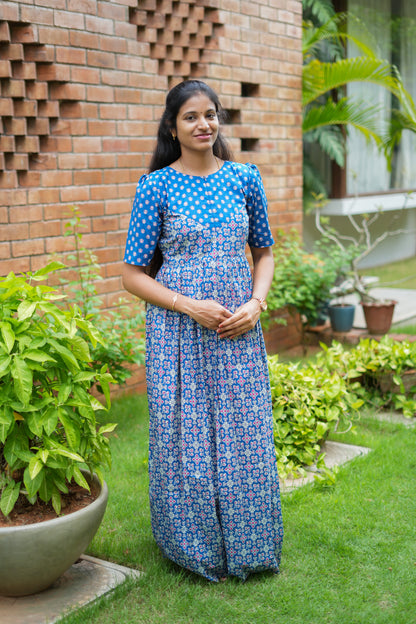 Full-length view of the blue cotton maxi nighty with puff sleeves and geometric prints