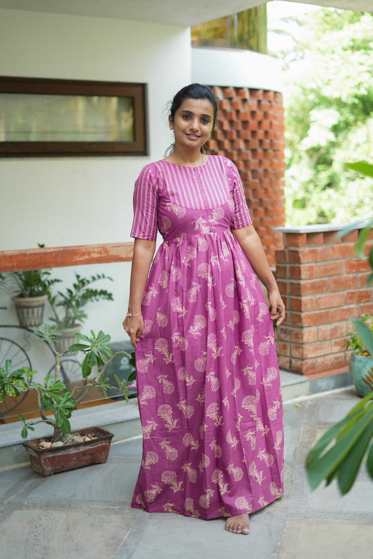 ladies cotton nighty - Yamini purple cotton maxi nighty with floral print and front zip