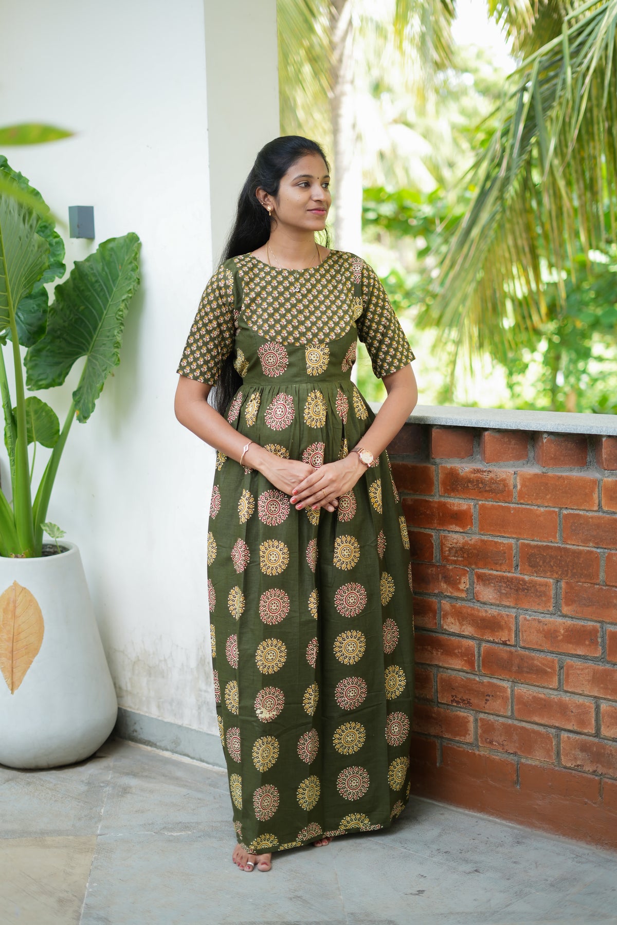 Comfortable ladies cotton nighty in olive green with a relaxed gathered waist