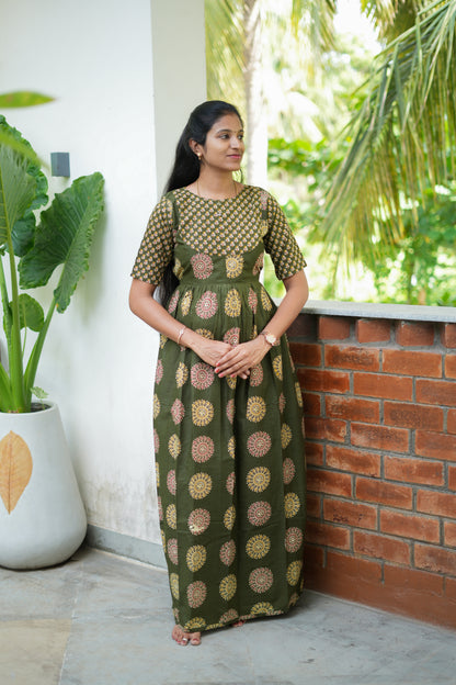 Comfortable ladies cotton nighty in olive green with a relaxed gathered waist