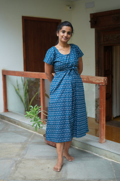 Teal blue floral printed cotton nighty for women with short sleeves and front tie