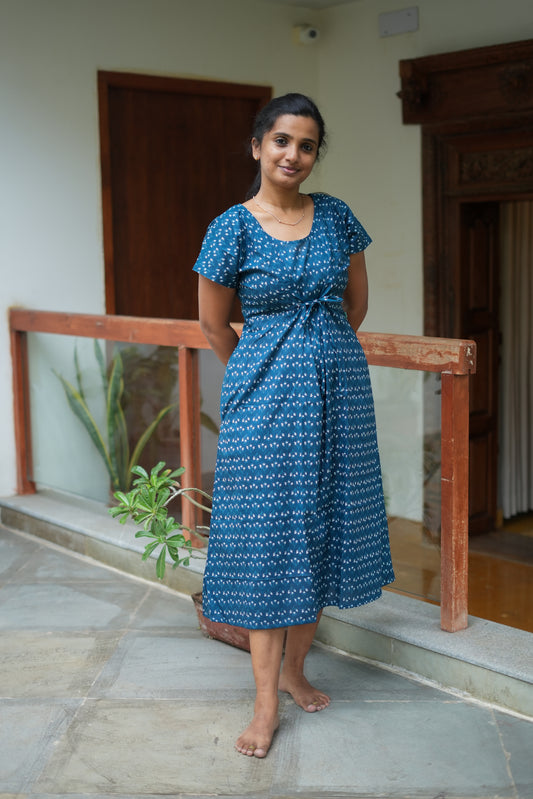 Teal blue floral printed cotton nighty for women with short sleeves and front tie