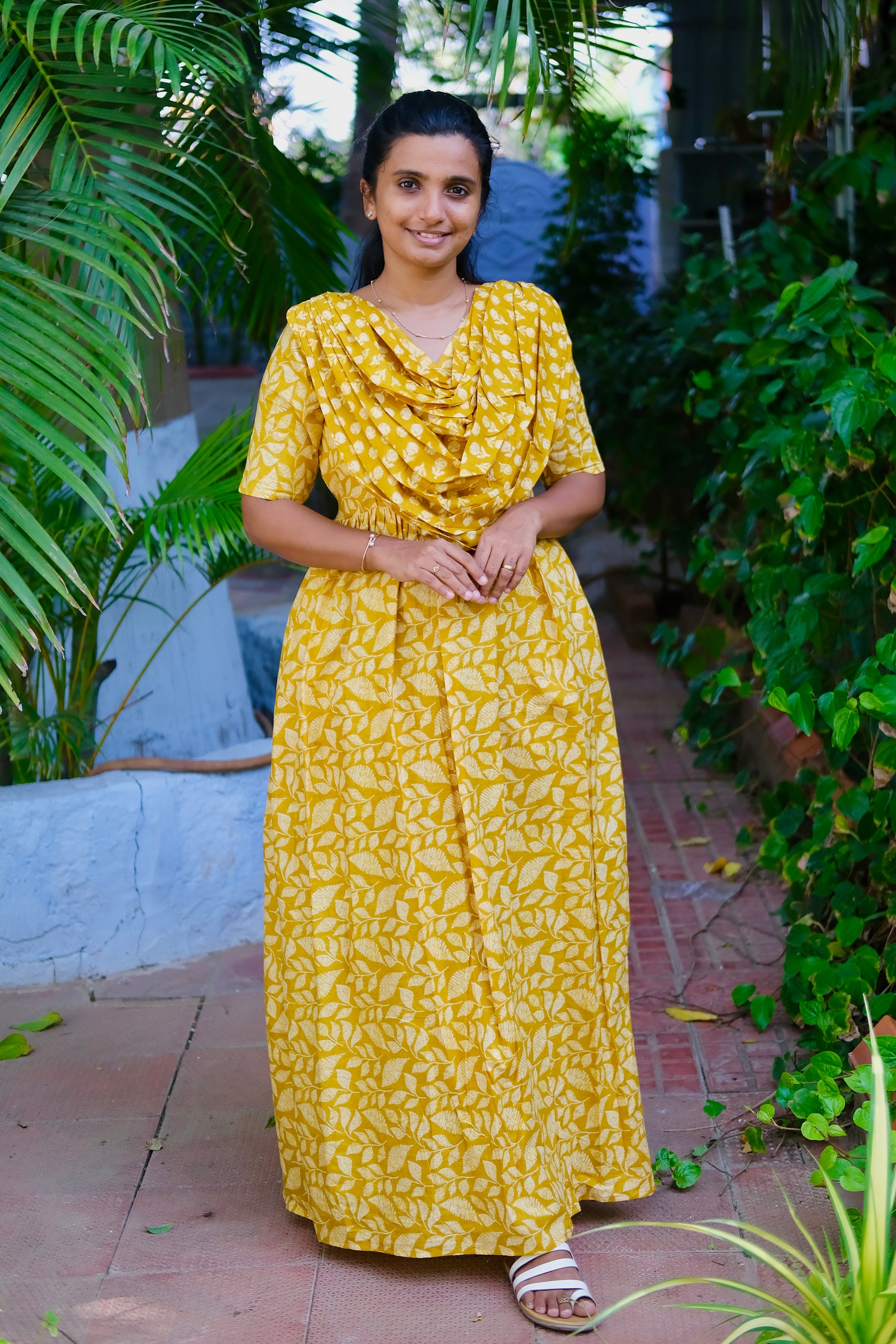 Comfortable yellow dupatta attached nighty in soft cotton for loungewear