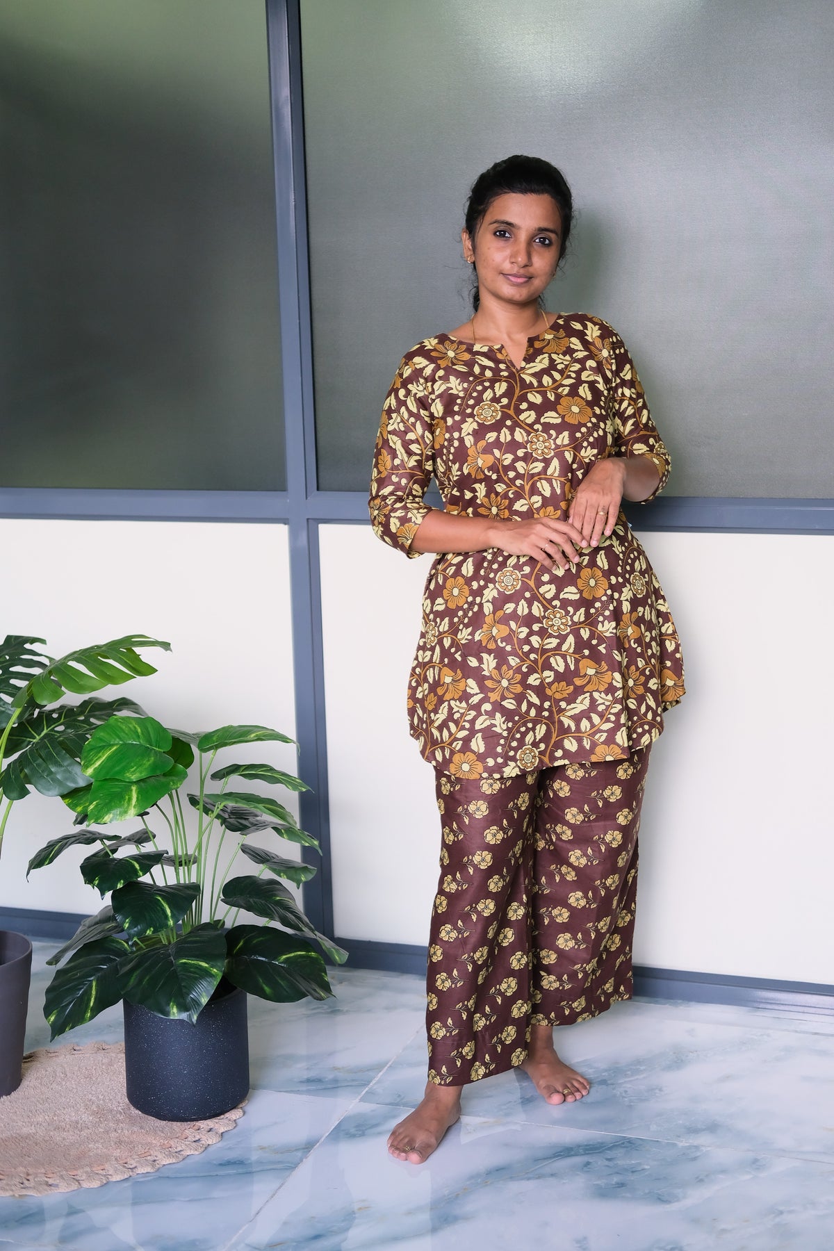 Comfortable coffee brown cotton nighty set featuring wide-leg pants and 3/4 sleeves