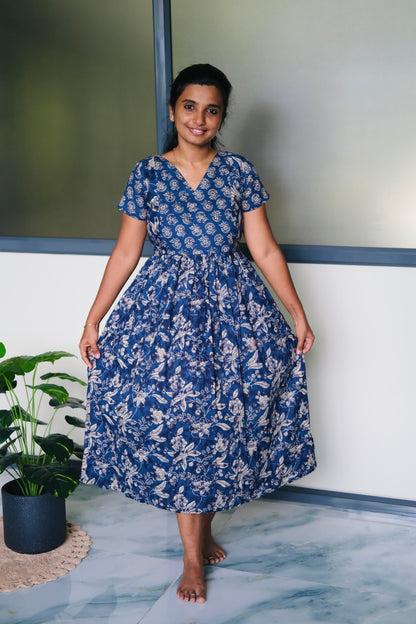 A flared ladies cotton midi nighty in indigo blue with traditional floral block prints