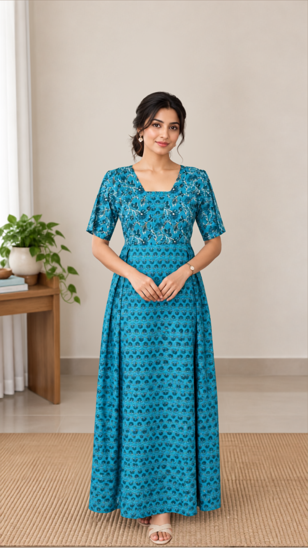 Nisha - Teal Blue Cotton Maxi Nighty