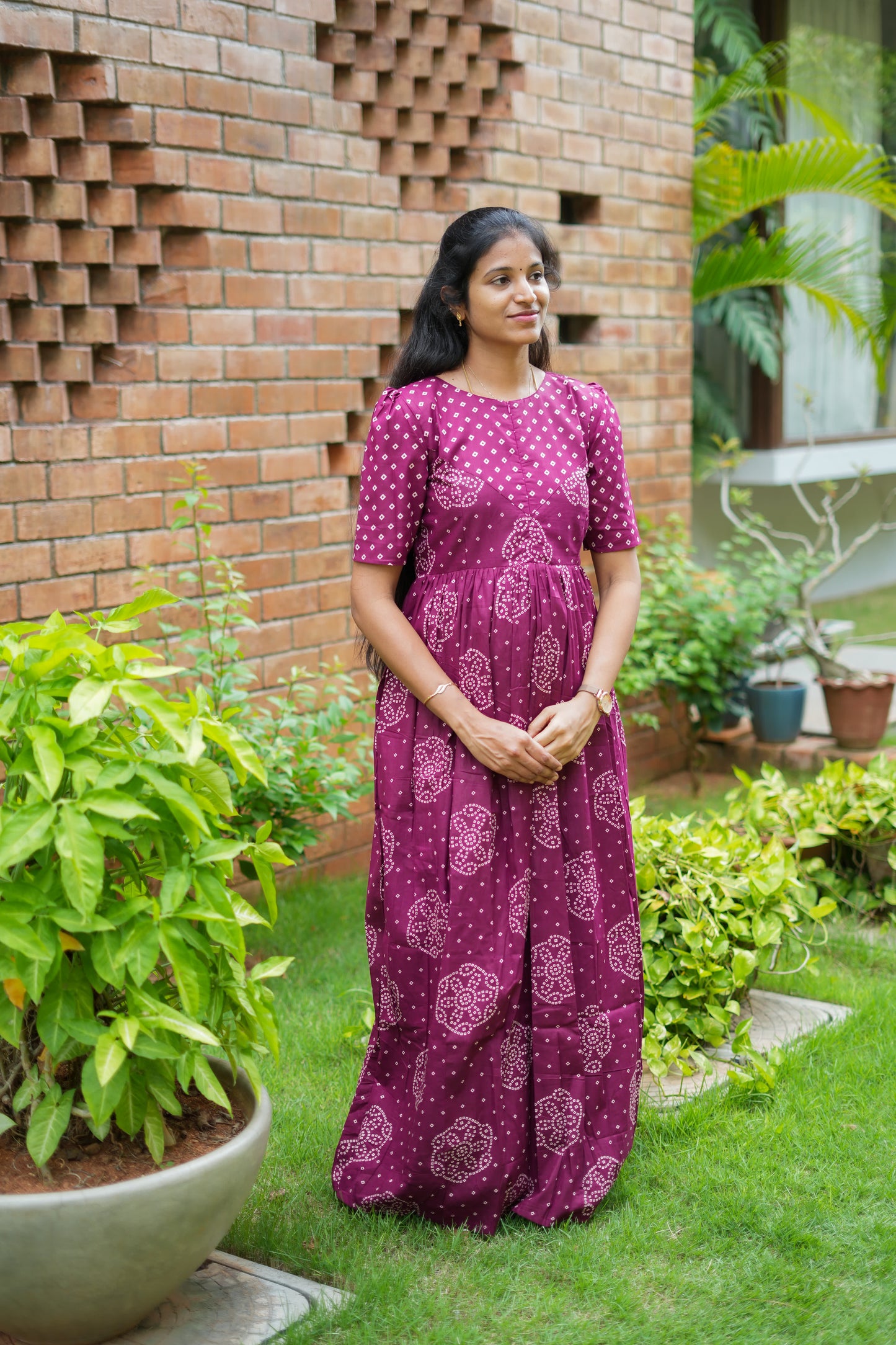 Deep purple cotton maxi nighty with bandhani print and puff sleeves