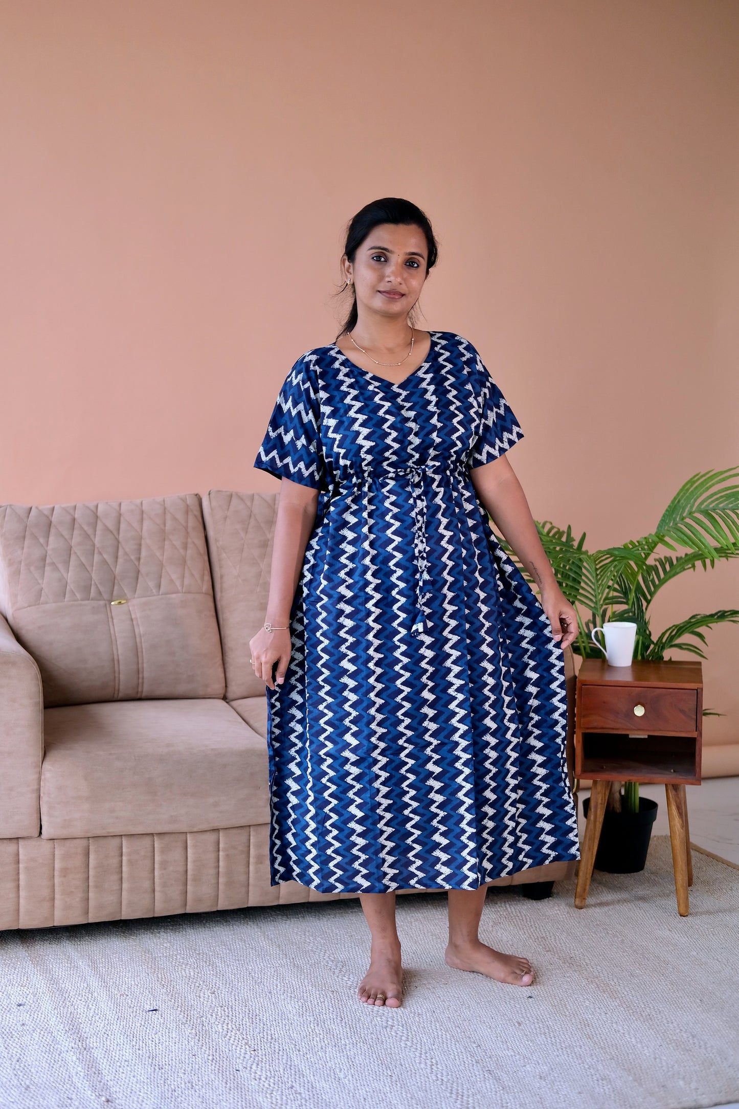 Full-length view of the Nila indigo blue cotton kaftan nighty, highlighting the soft cotton fabric and casual loungewear style.