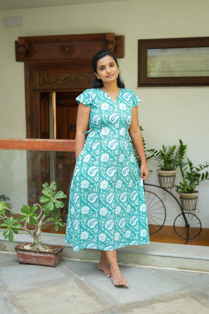 Front view of teal blue A-line cotton nighty for women