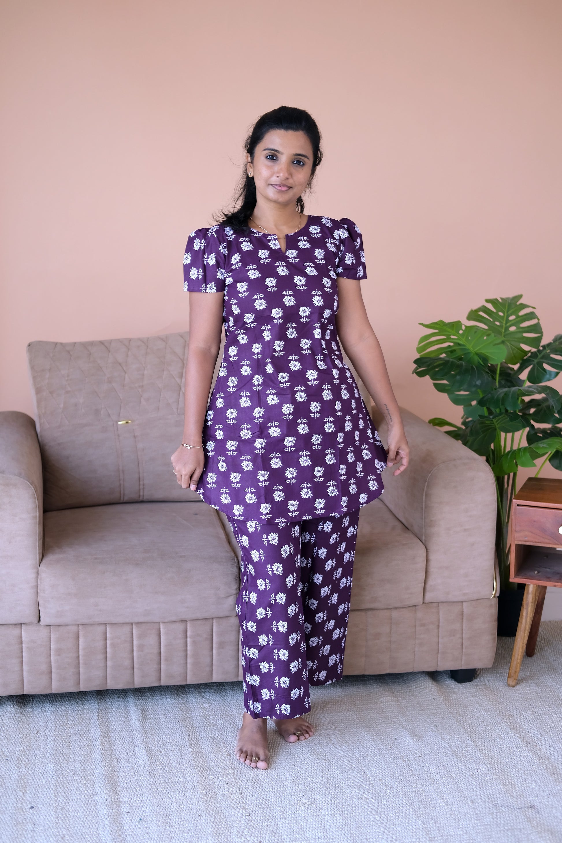 Front view of the Heera printed loungewear set in plum purple cotton with a relaxed fit.