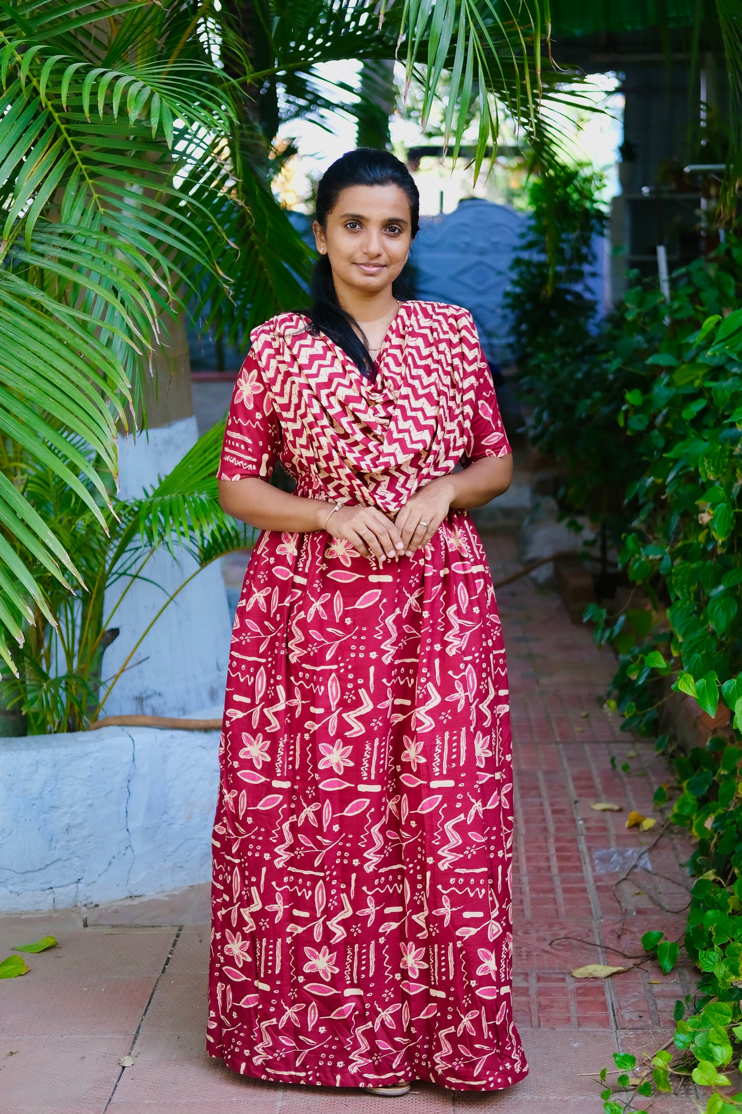 Full-length view of the Kaveri red dupatta attached nighty in soft cotton fabric.