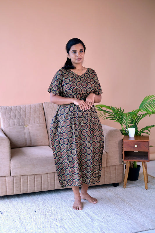 Black cotton kaftan nighty featuring a traditional circular geometric ajrakh print and an adjustable drawstring waist.