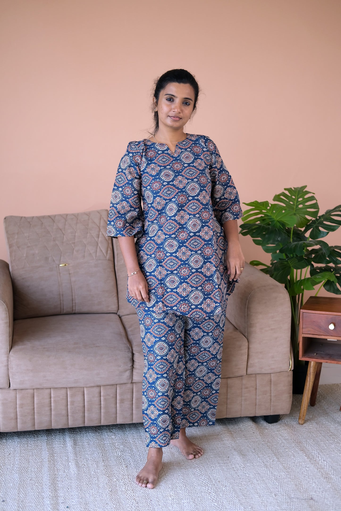 Comfortable cotton night suit for women in indigo navy blue with rust red and white patterns