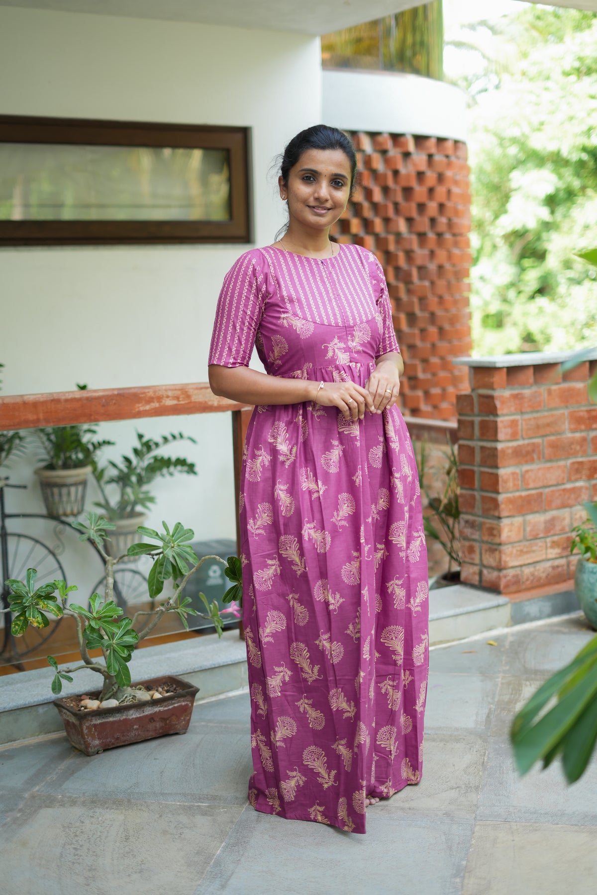 Full length view of purple cotton maxi nighty for women