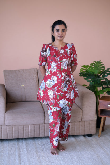Front view of the Heera printed night suit in deep burgundy cotton with a comfortable straight-cut trouser design.