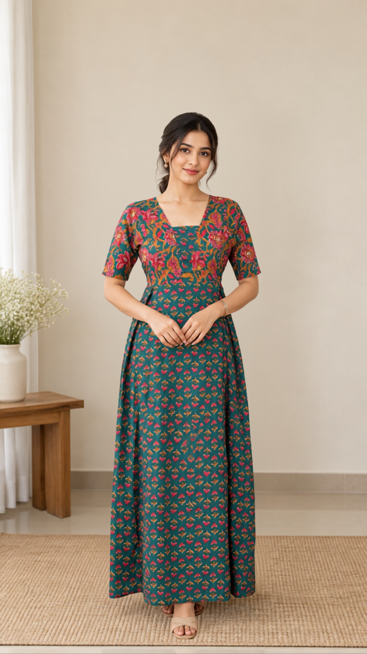 Nisha - Dark Green Cotton Maxi Nighty