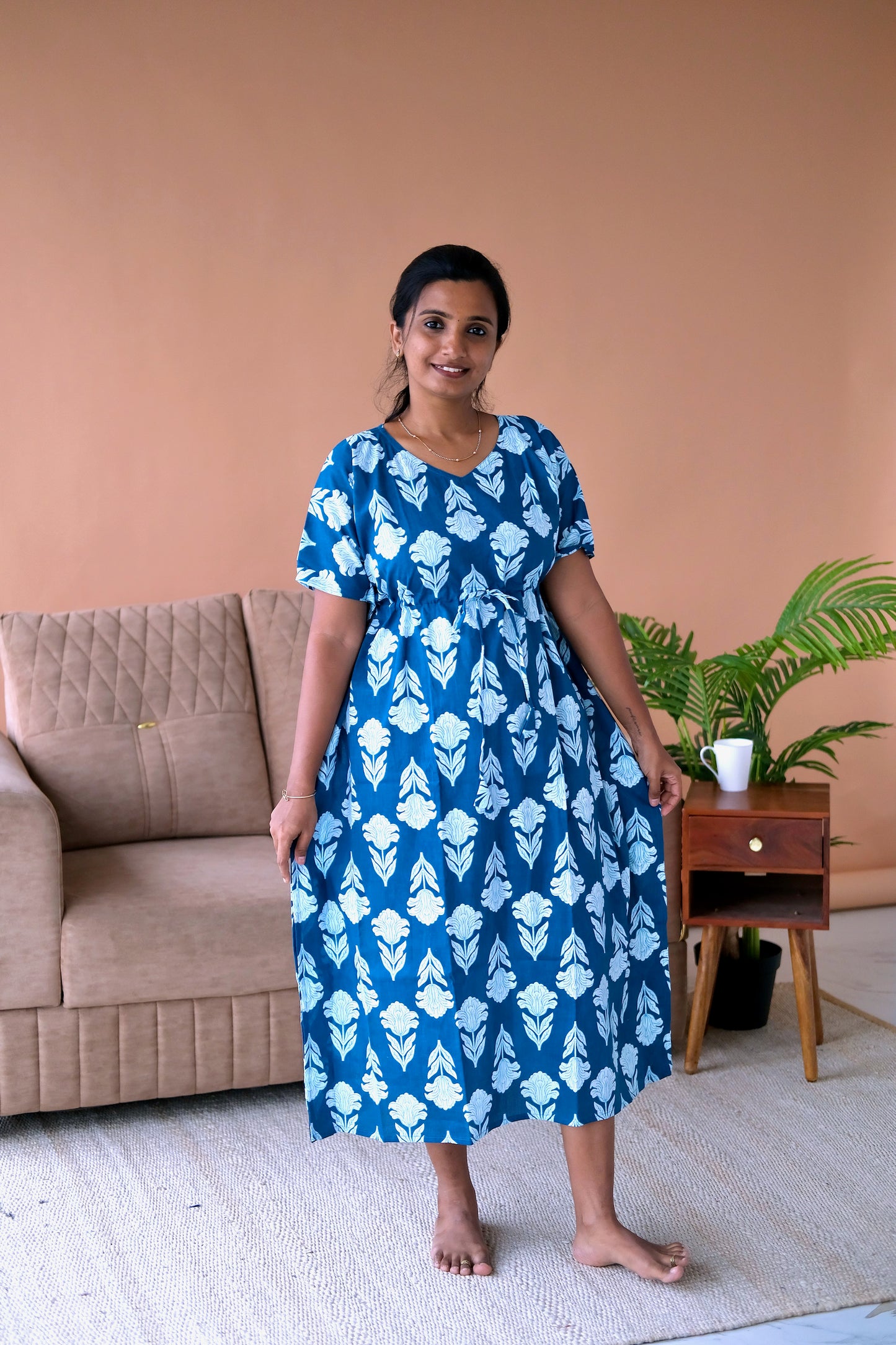 Comfortable midi nighty for women in breathable cotton fabric with V-neck design